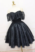 A-Line Off The Shoulder Short Black Lace Homecoming Dresses