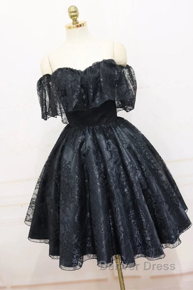 A-Line Off The Shoulder Short Black Lace Homecoming Dresses
