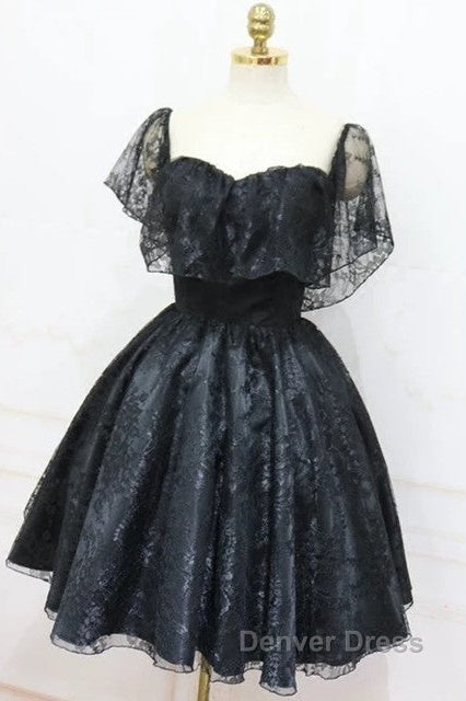 A Line Off The Shoulder Short Black Lace Homecoming Dresses