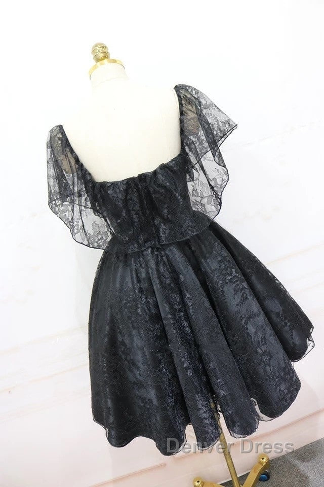 A-Line Off The Shoulder Short Black Lace Homecoming Dresses