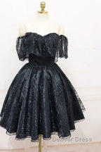 A-Line Off The Shoulder Short Black Lace Homecoming Dresses
