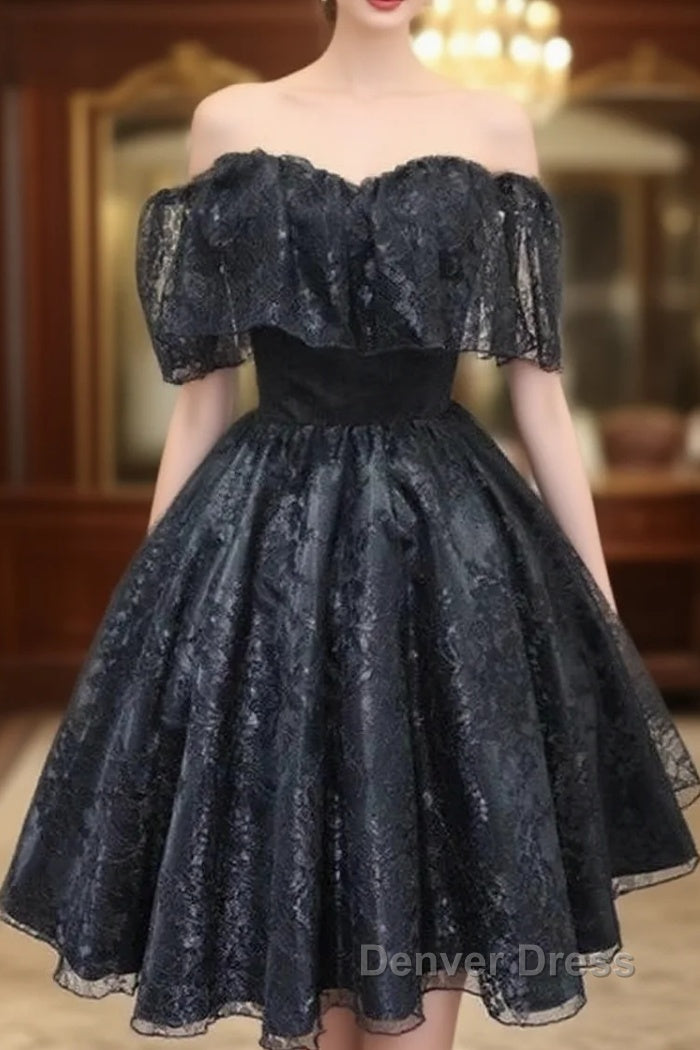 A-Line Off The Shoulder Short Black Lace Homecoming Dresses Main image