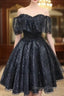 A-Line Off The Shoulder Short Black Lace Homecoming Dresses
