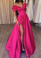 A Line Off The Shoulder Short Sleeve Satin Long Floor Length Prom Dresses With Ruffles Split
