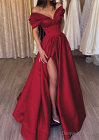 A Line Off The Shoulder Short Sleeve Satin Long Floor Length Prom Dresses With Ruffles Split