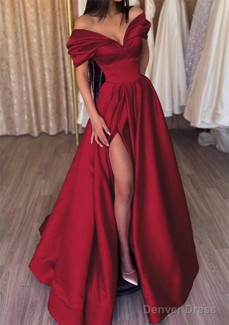 A Line Off The Shoulder Short Sleeve Satin Long Floor Length Prom Dresses With Ruffles Split