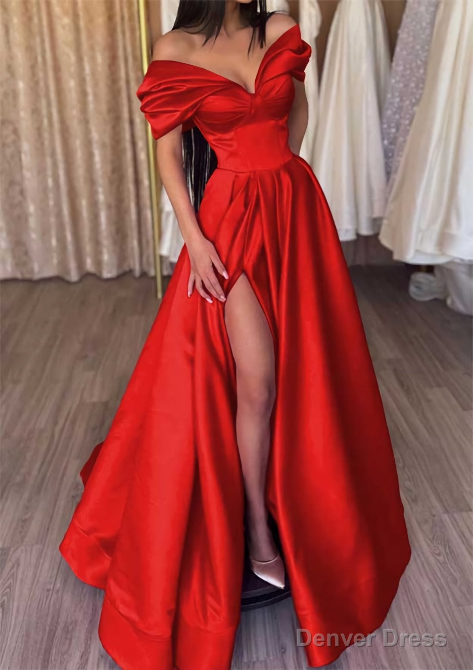 A Line Off The Shoulder Short Sleeve Satin Long Floor Length Prom Dresses With Ruffles Split