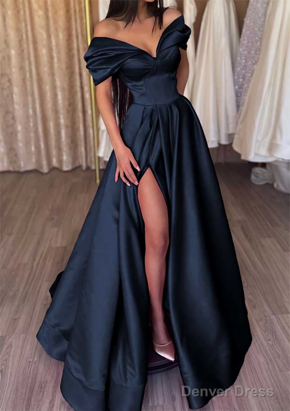A Line Off The Shoulder Short Sleeve Satin Long Floor Length Prom Dresses With Ruffles Split
