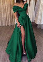 A Line Off The Shoulder Short Sleeve Satin Long Floor Length Prom Dresses With Ruffles Split