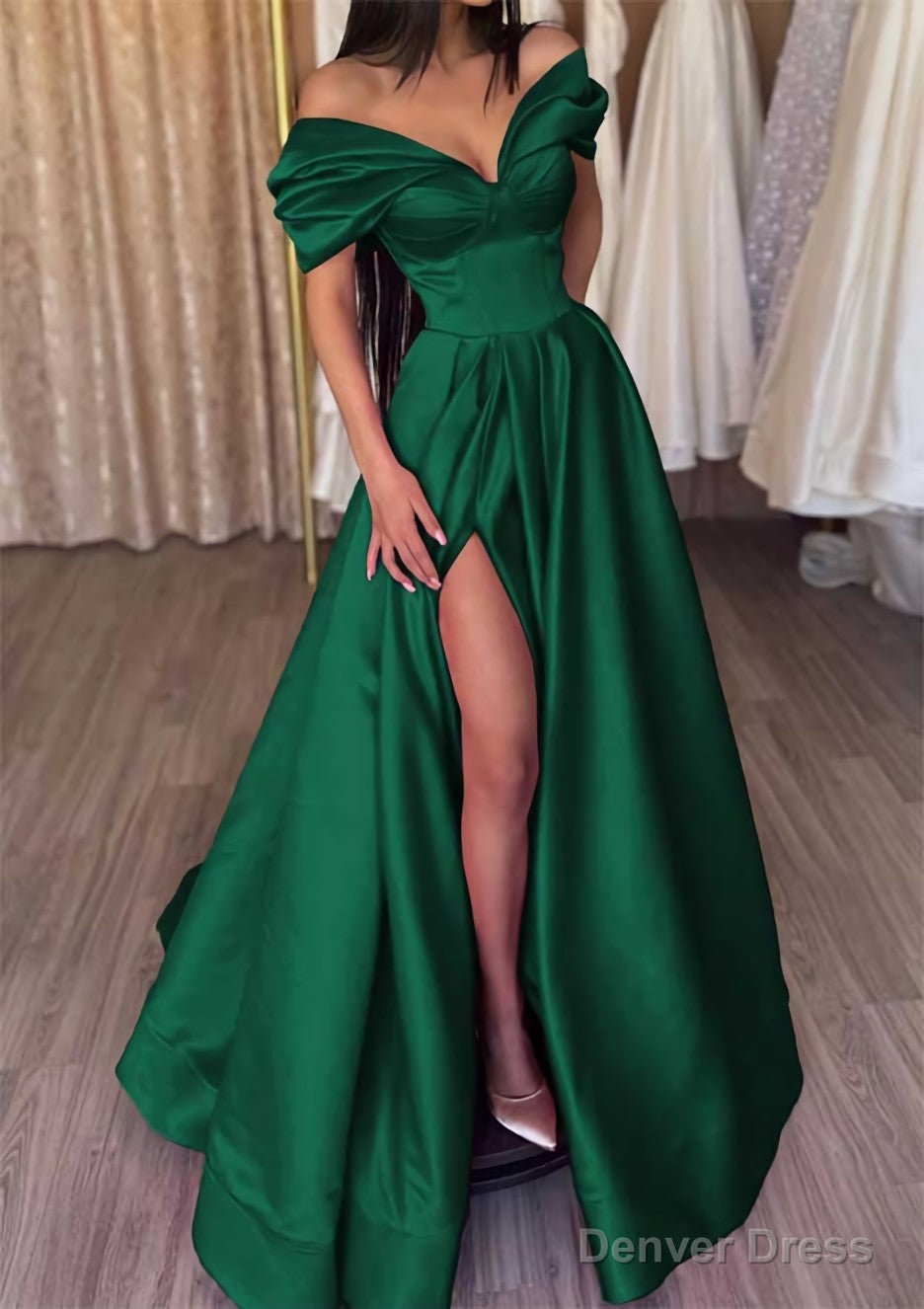 A Line Off The Shoulder Short Sleeve Satin Long Floor Length Prom Dresses With Ruffles Split