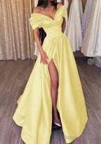 A Line Off The Shoulder Short Sleeve Satin Long Floor Length Prom Dresses With Ruffles Split
