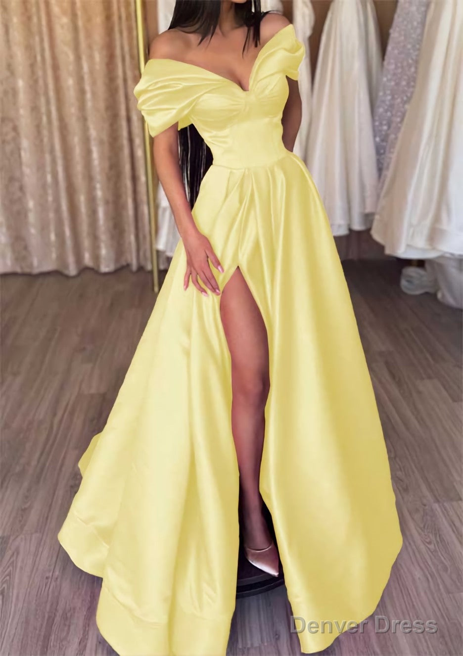 A Line Off The Shoulder Short Sleeve Satin Long Floor Length Prom Dresses With Ruffles Split