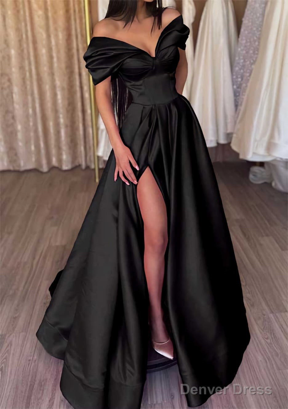 A Line Off The Shoulder Short Sleeve Satin Long Floor Length Prom Dresses With Ruffles Split