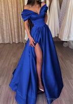 A Line Off The Shoulder Short Sleeve Satin Long Floor Length Prom Dresses With Ruffles Split