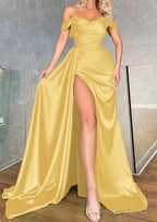 A-line Off-the-Shoulder Sleeveless Long/Floor-Length Charmeuse Prom Dresses With Pleated