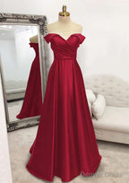 A Line Off The Shoulder Sleeveless Long Floor Length Satin Prom Dresses With Pleated