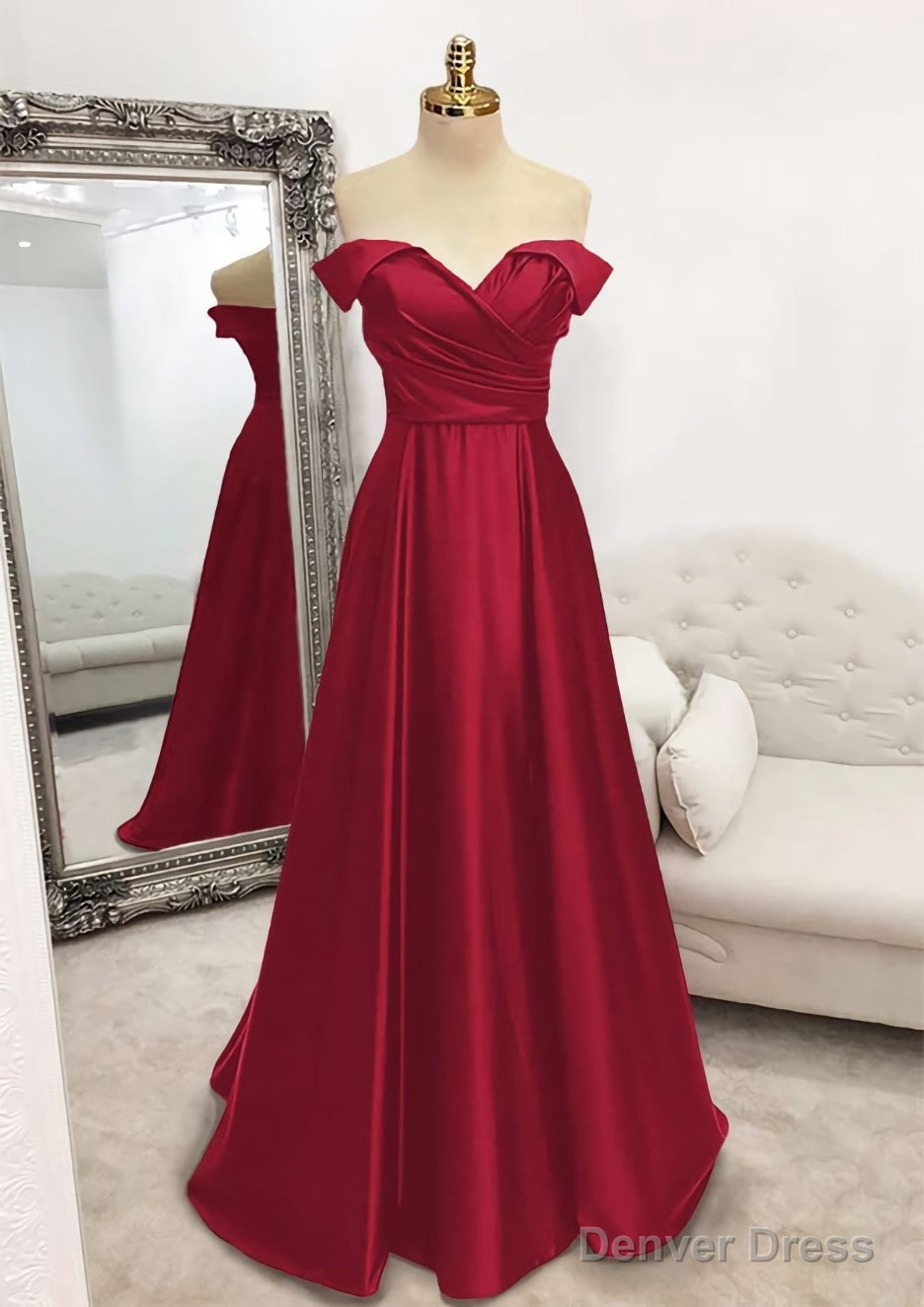 A Line Off The Shoulder Sleeveless Long Floor Length Satin Prom Dresses With Pleated