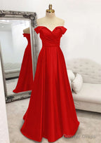 A Line Off The Shoulder Sleeveless Long Floor Length Satin Prom Dresses With Pleated