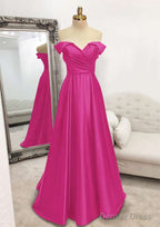A Line Off The Shoulder Sleeveless Long Floor Length Satin Prom Dresses With Pleated