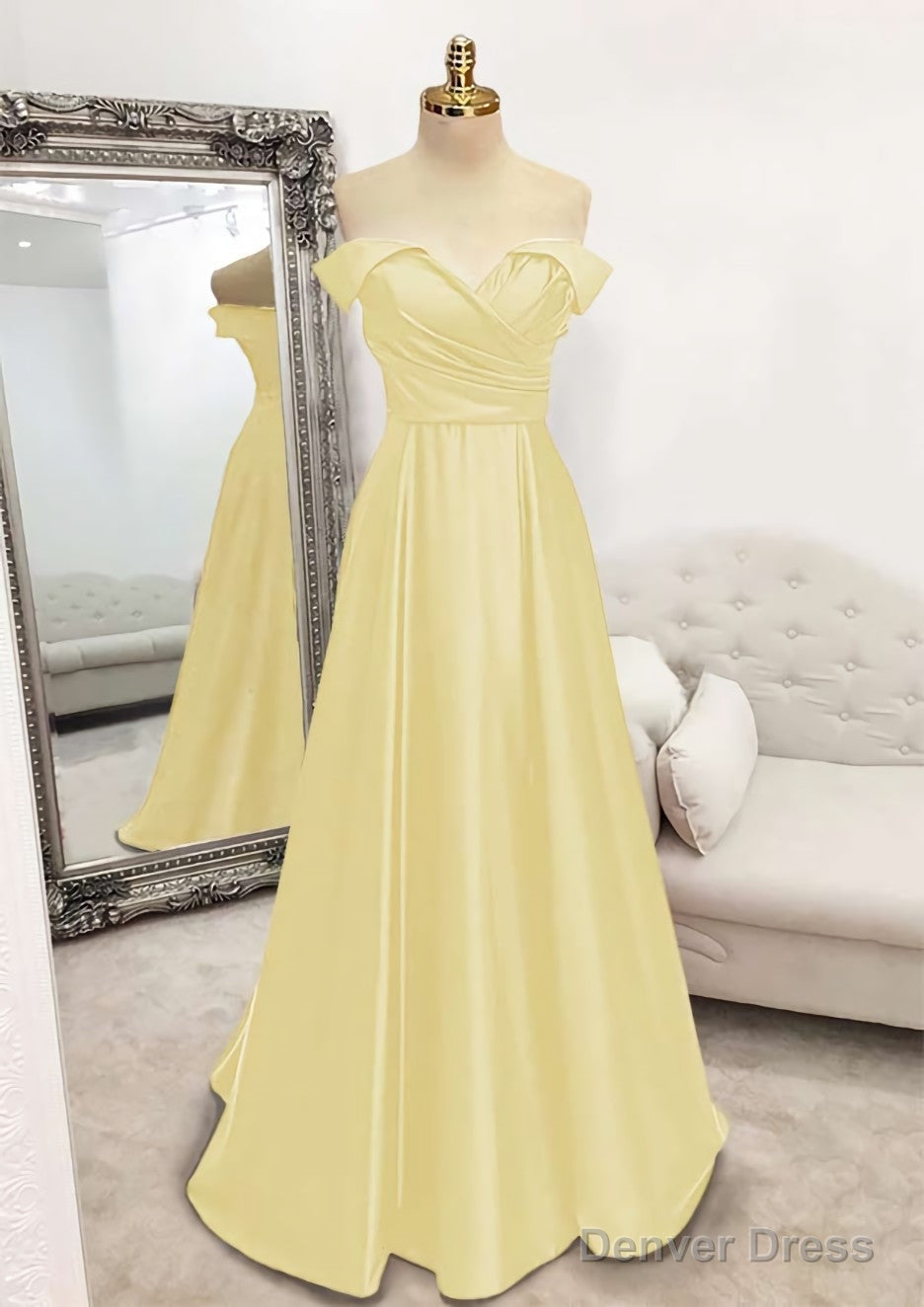 A-line Off-the-Shoulder Sleeveless Long/Floor-Length Satin Prom Dresses With Pleated