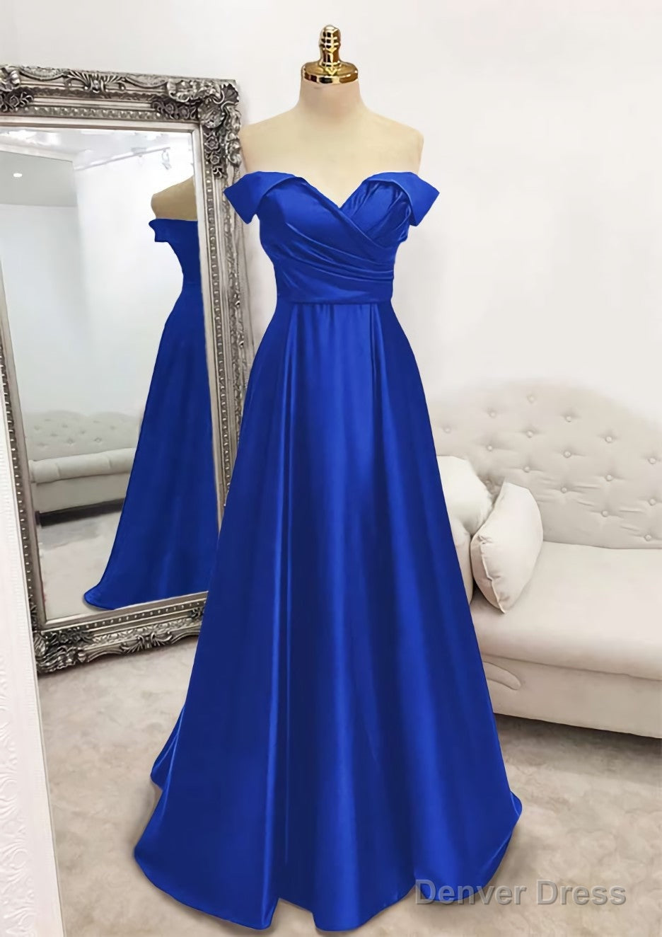 A-line Off-the-Shoulder Sleeveless Long/Floor-Length Satin Prom Dresses With Pleated Secondary image