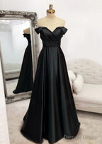 A Line Off The Shoulder Sleeveless Long Floor Length Satin Prom Dresses With Pleated