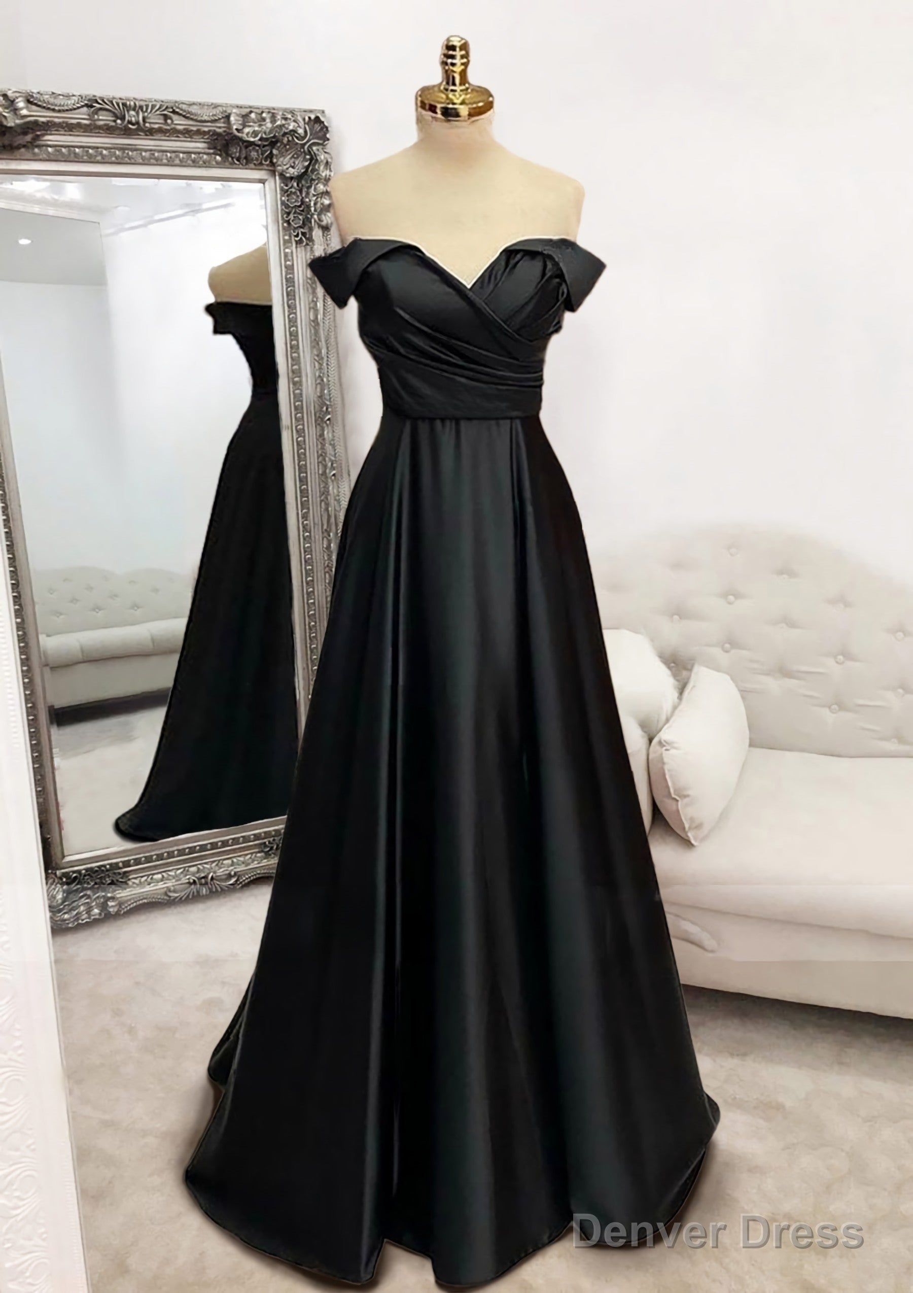 A Line Off The Shoulder Sleeveless Long Floor Length Satin Prom Dresses With Pleated