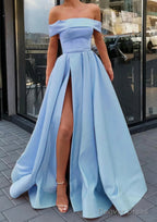 A-line Off-the-Shoulder Sleeveless Long/Floor-Length Satin Prom Dresses With Split