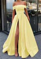 A-line Off-the-Shoulder Sleeveless Long/Floor-Length Satin Prom Dresses With Split