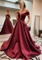A Line Off The Shoulder Sleeveless Satin Sweep Train Prom Dresses With Pockets