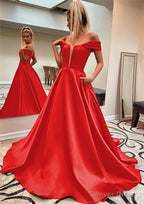 A Line Off The Shoulder Sleeveless Satin Sweep Train Prom Dresses With Pockets
