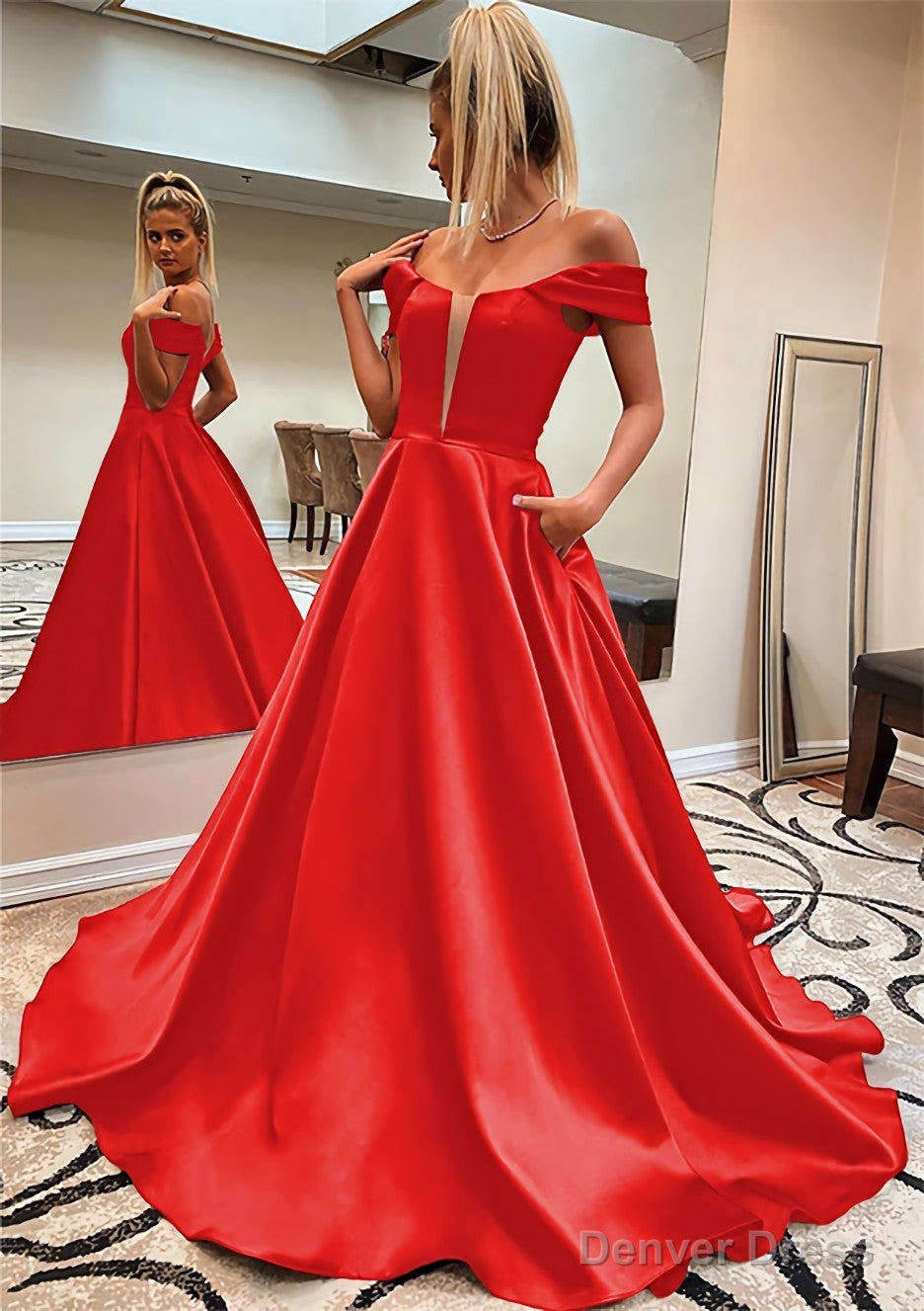 A Line Off The Shoulder Sleeveless Satin Sweep Train Prom Dresses With Pockets