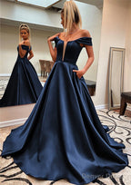 A Line Off The Shoulder Sleeveless Satin Sweep Train Prom Dresses With Pockets