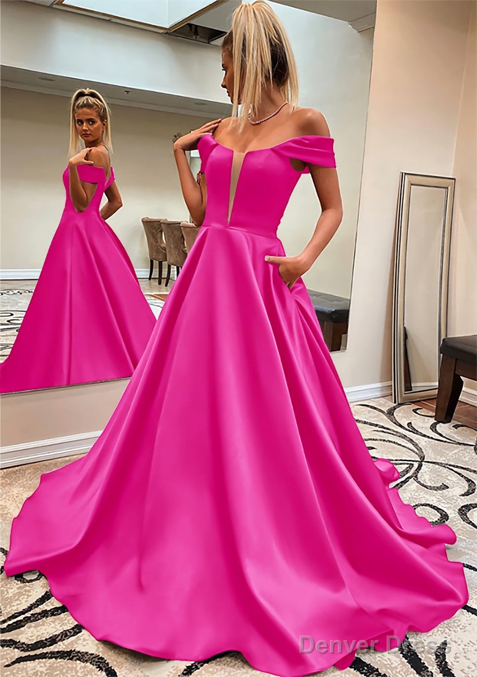 A Line Off The Shoulder Sleeveless Satin Sweep Train Prom Dresses With Pockets