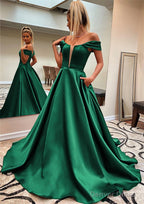 A Line Off The Shoulder Sleeveless Satin Sweep Train Prom Dresses With Pockets