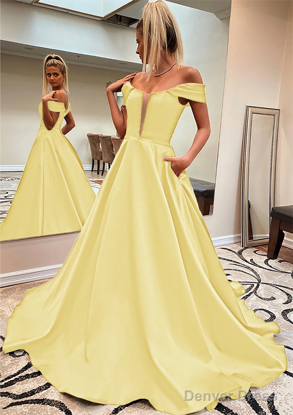 A Line Off The Shoulder Sleeveless Satin Sweep Train Prom Dresses With Pockets