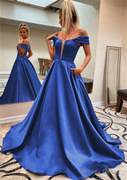 A Line Off The Shoulder Sleeveless Satin Sweep Train Prom Dresses With Pockets