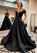 A Line Off The Shoulder Sleeveless Satin Sweep Train Prom Dresses With Pockets