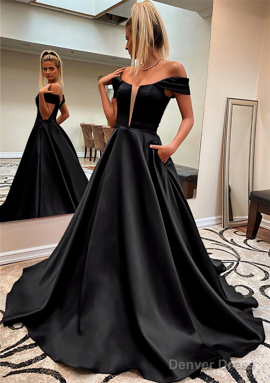 A Line Off The Shoulder Sleeveless Satin Sweep Train Prom Dresses With Pockets
