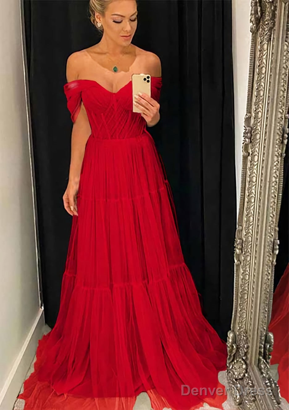 A Line Off The Shoulder Sleeveless Sweep Train Tulle Prom Dresses With Pleated