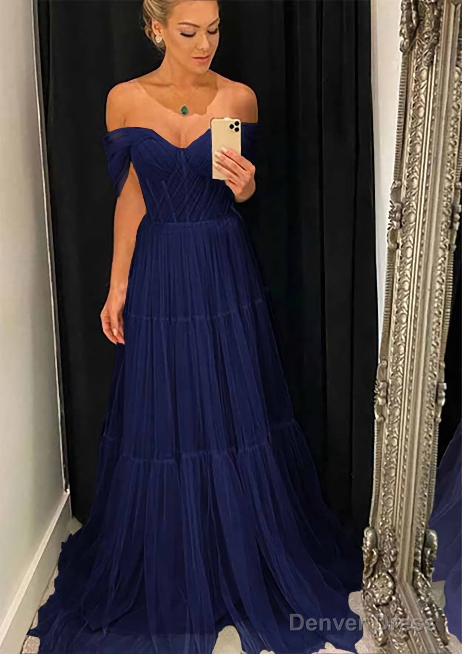 A Line Off The Shoulder Sleeveless Sweep Train Tulle Prom Dresses With Pleated