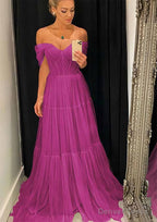 A Line Off The Shoulder Sleeveless Sweep Train Tulle Prom Dresses With Pleated