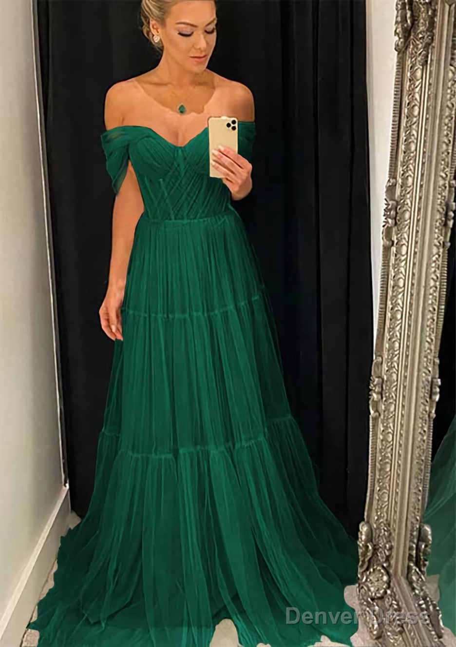 A-line Off-the-Shoulder Sleeveless Sweep Train Tulle Prom Dresses With Pleated