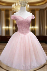 A-line Off-the-Shoulder Sleeveless Tulle Short/Mini Homecoming Dresses With Sequins Beading