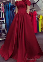 A Line Off The Shoulder Strapless Long Floor Length Satin Prom Dresses With Pleated Pockets