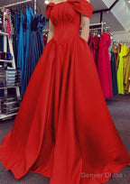 A-line Off-the-Shoulder Strapless Long/Floor-Length Satin Prom Dresses With Pleated Pockets