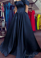 A Line Off The Shoulder Strapless Long Floor Length Satin Prom Dresses With Pleated Pockets