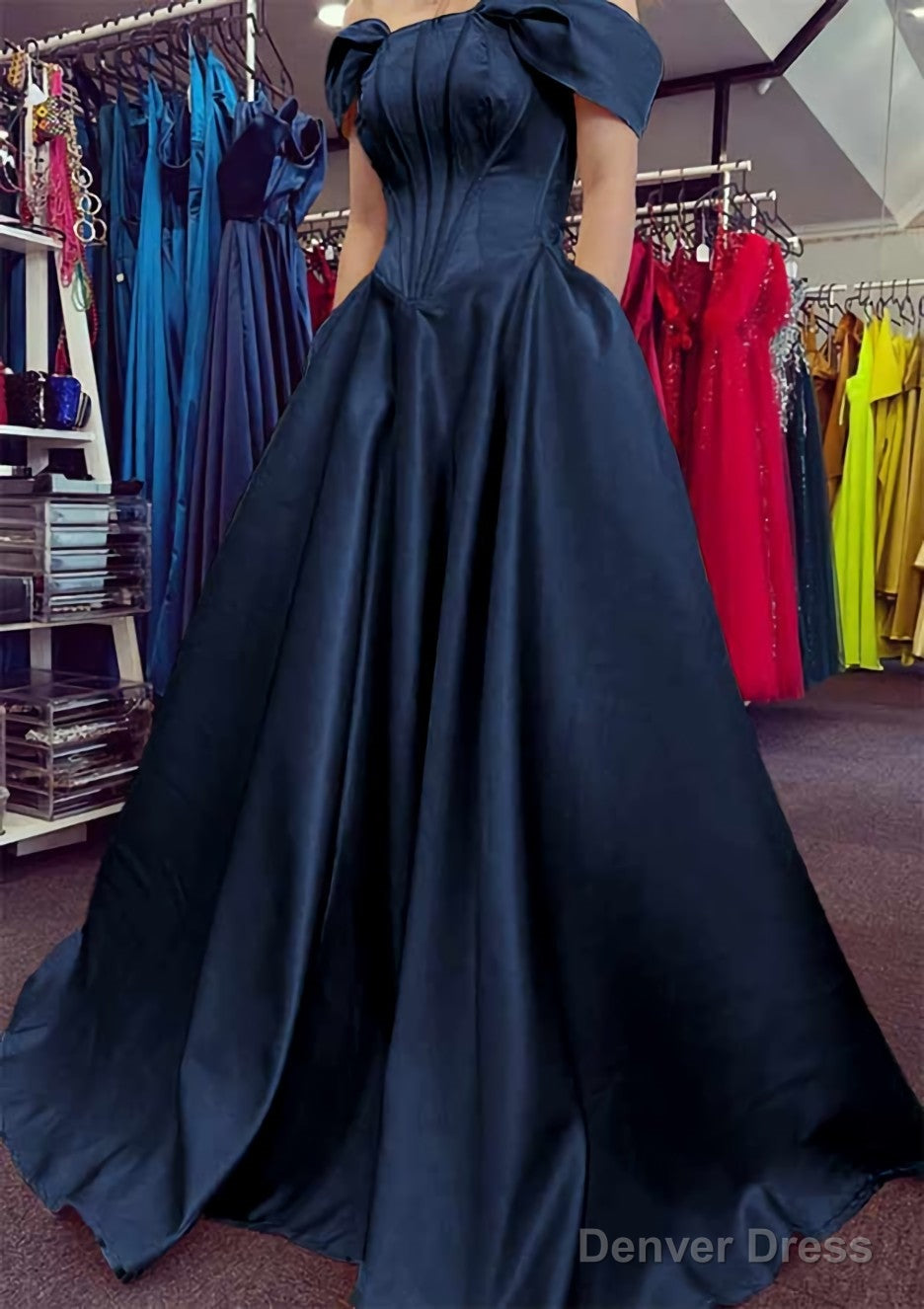 A Line Off The Shoulder Strapless Long Floor Length Satin Prom Dresses With Pleated Pockets