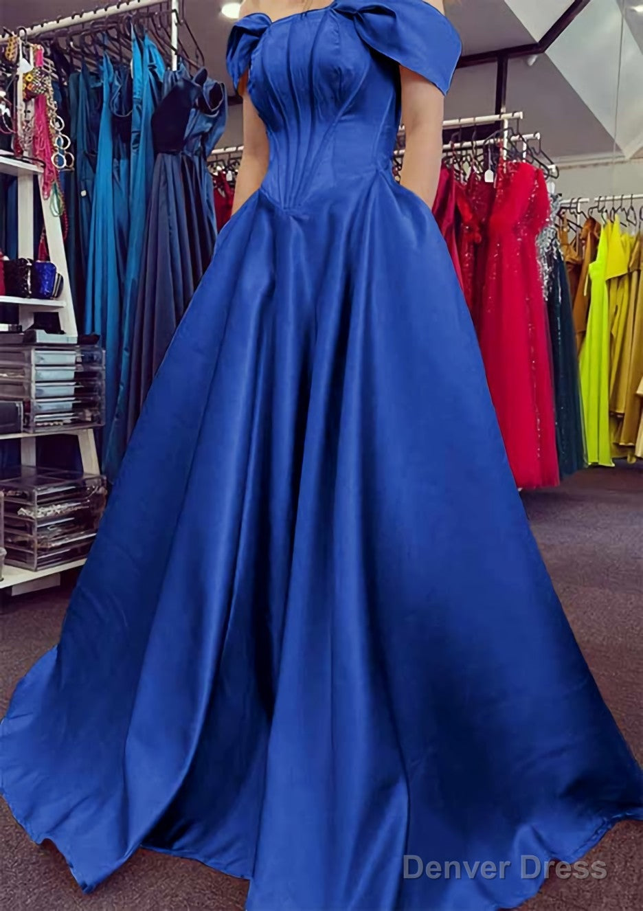 A-line Off-the-Shoulder Strapless Long/Floor-Length Satin Prom Dresses With Pleated Pockets