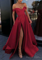 A Line Off The Shoulder Strapless Long Floor Length Satin Prom Dresses With Split